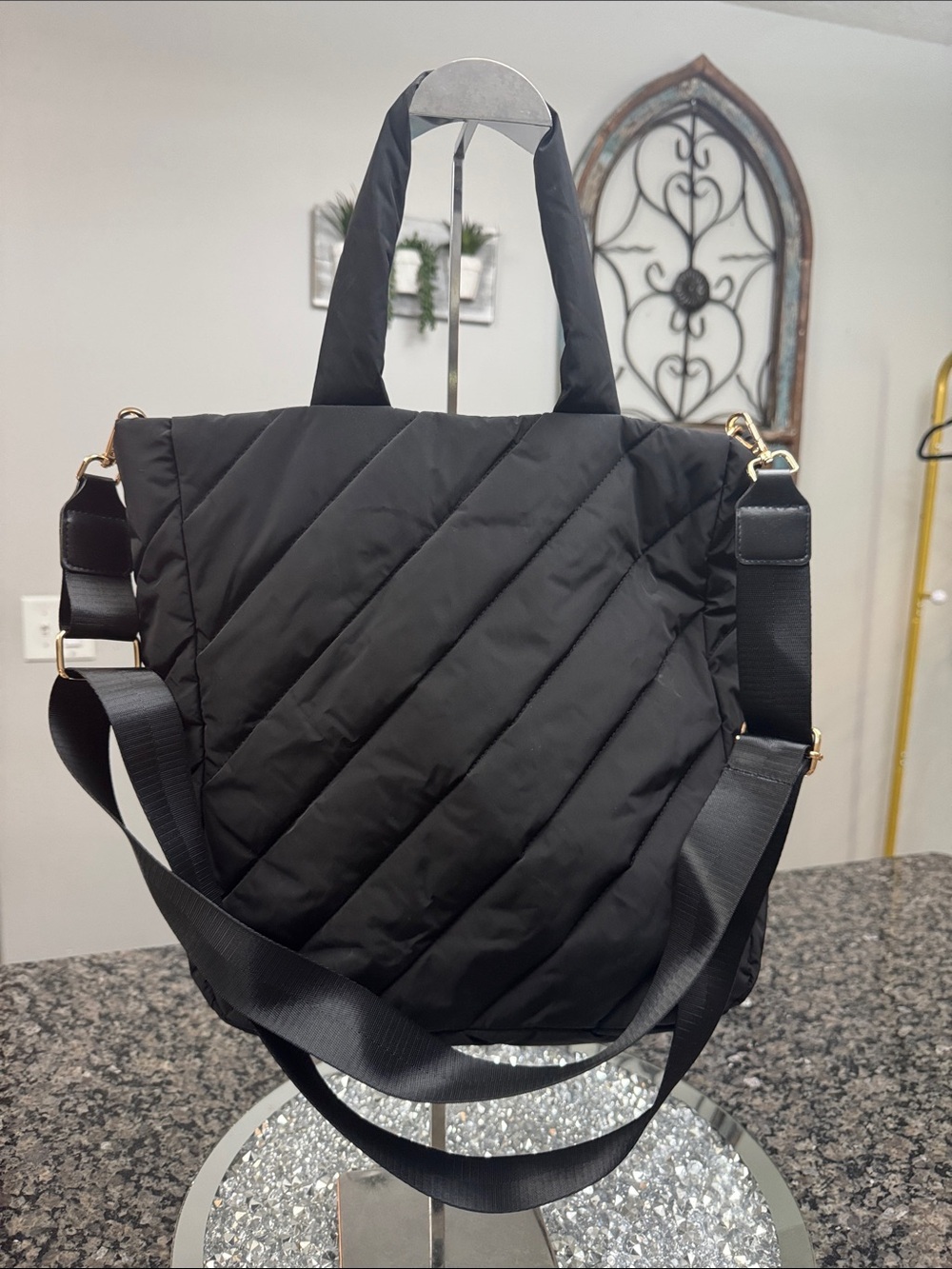 Quilted puffy Black Tote Bag with Adjustable Strap EUC